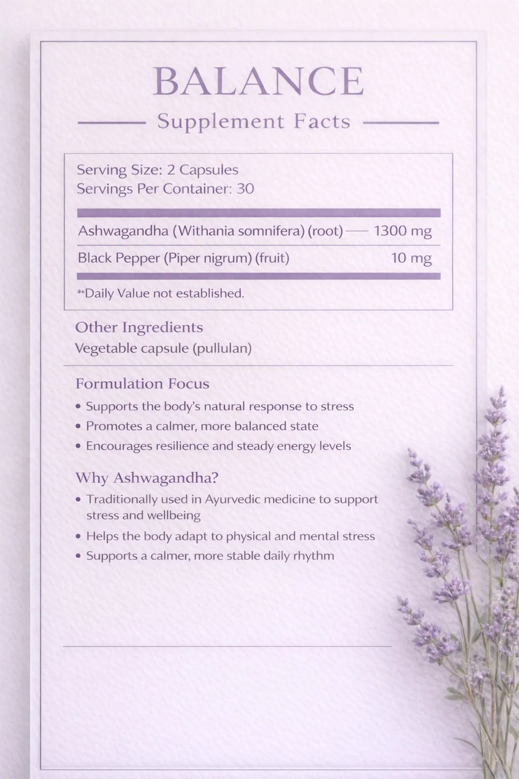 Supplement facts label for a product called 'Balance' with lavender flowers on a light background