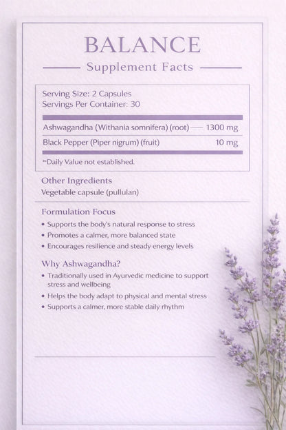 Supplement facts label for a product called 'Balance' with lavender flowers on a light background