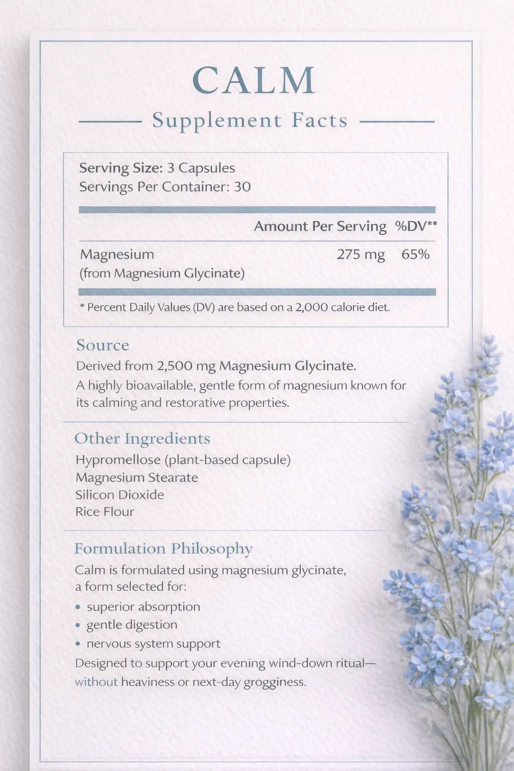 Supplement facts label for a product called 'Calm' with blue flowers on a white background.