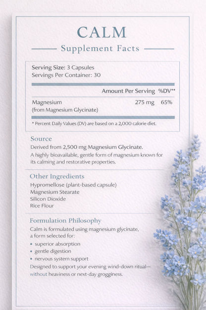 Supplement facts label for a product called 'Calm' with blue flowers on a white background.