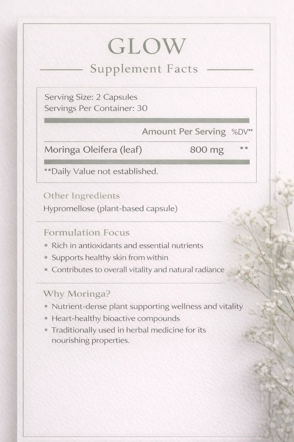 Supplement facts label for 'GLOW' with Moringa Oleifera on a light background