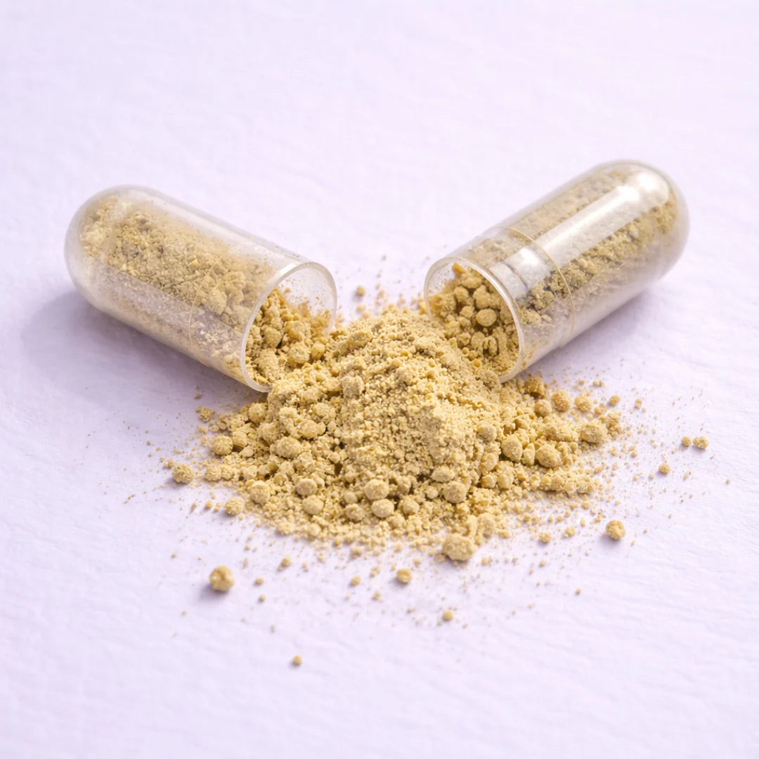 An open capsule filled with a yellow powdery substance on a white background - Balance by ARYA Lab