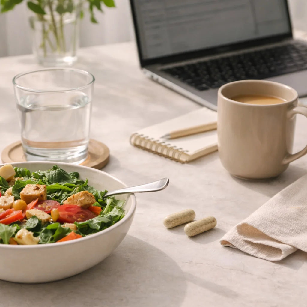 Healthy meal with salad, coffee, two capsules of Balance by ARYA Lab and water on a desk.