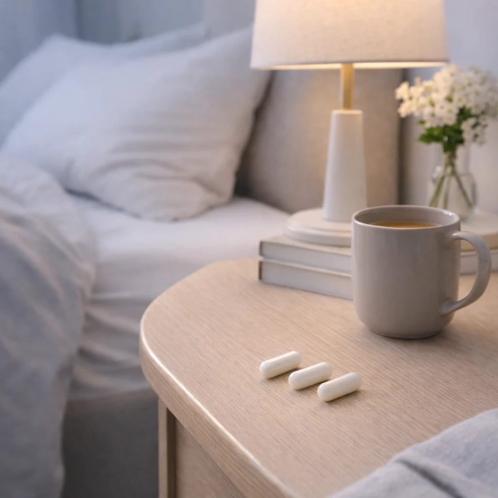 Mug on a nightstand next to a lamp, three capsules of Calm by ARYA Lab and books with a cozy bedroom setting.