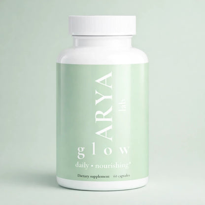 Supplement bottle labeled 'ARYA glow' on a light green background