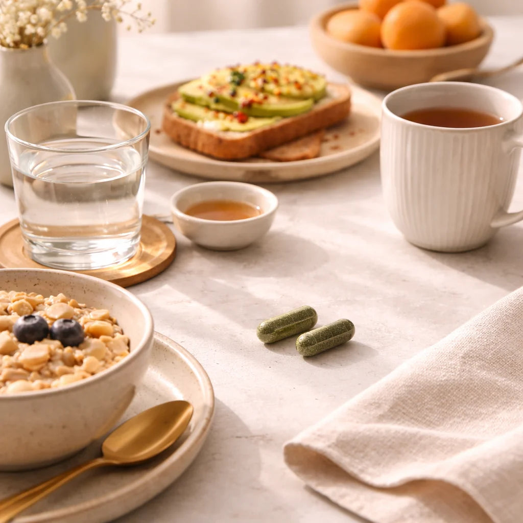 Breakfast table with cereal, avocado toast, coffee, and two capsules supplements (ARYA Lab Glow) on a light surface.